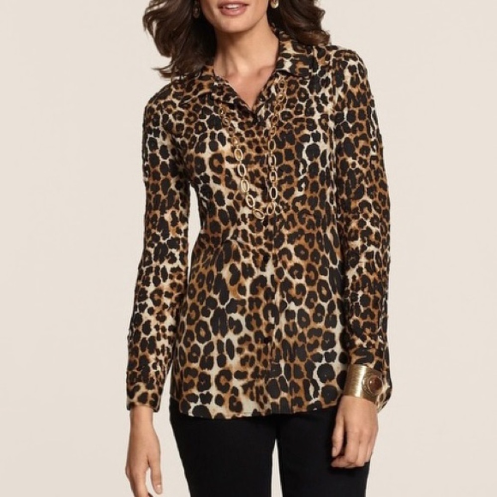 Chicos Animal Print Button Up Down Top Size S 0 Office Career Maximalist Classic